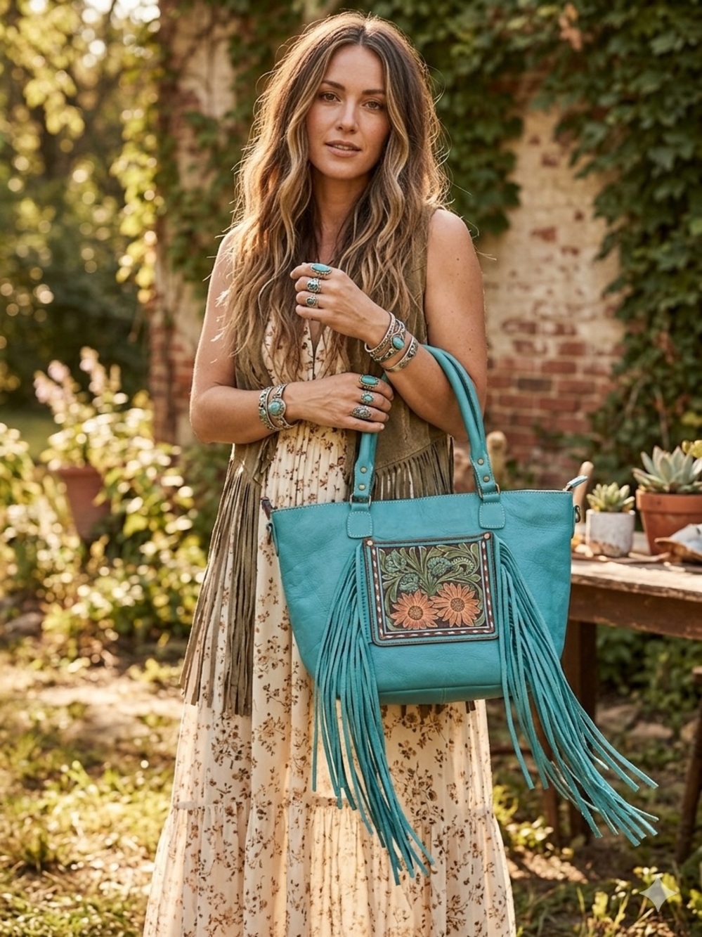 American Darling Turquoise Fringe Tote Bag with Floral Embossed Panel